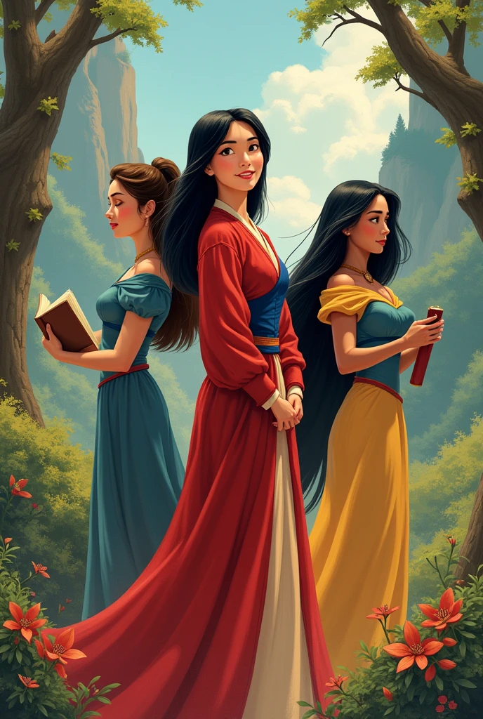 Make a picture together with mulan, belle and pocahontas
