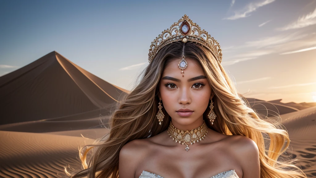 Create a highly detailed and realistic image of an 18-year-old Japanese girl as a desert nomad queen. She should be 180 cm tall, weigh 45 kg, and have a smooth, light complexion. Her straight, long blonde hair is styled into a high, intricate updo, with loose curls framing her face and a jeweled headpiece crowning her head. Her graceful, diamond-shaped face has high cheekbones, a small, delicate nose, and full, well-defined lips. Her large, expressive brown eyes feature detailed irises and long eyelashes. Her physique is athletic yet feminine, with big-sized, round breasts. She is dressed in a long, flowing gown with a deep V-neck and elaborate embroidery, the fabric shimmering in the desert sun. The desert should be depicted with intricate details—fine grains of sand, distant dunes, and a vivid horizon under a clear sky. The image should be ultra-high definition (4k, 8k) with soft, natural lighting to highlight her skin texture, hair shine, facial details, and the desert's texture.