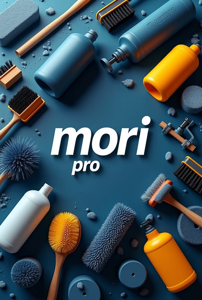 Logo of a company selling car detailing products called “Mori Pro” In the background there are car wash brushes, car wash product containers, 5 litre buckets with products, car wash spray bottle, a polisher