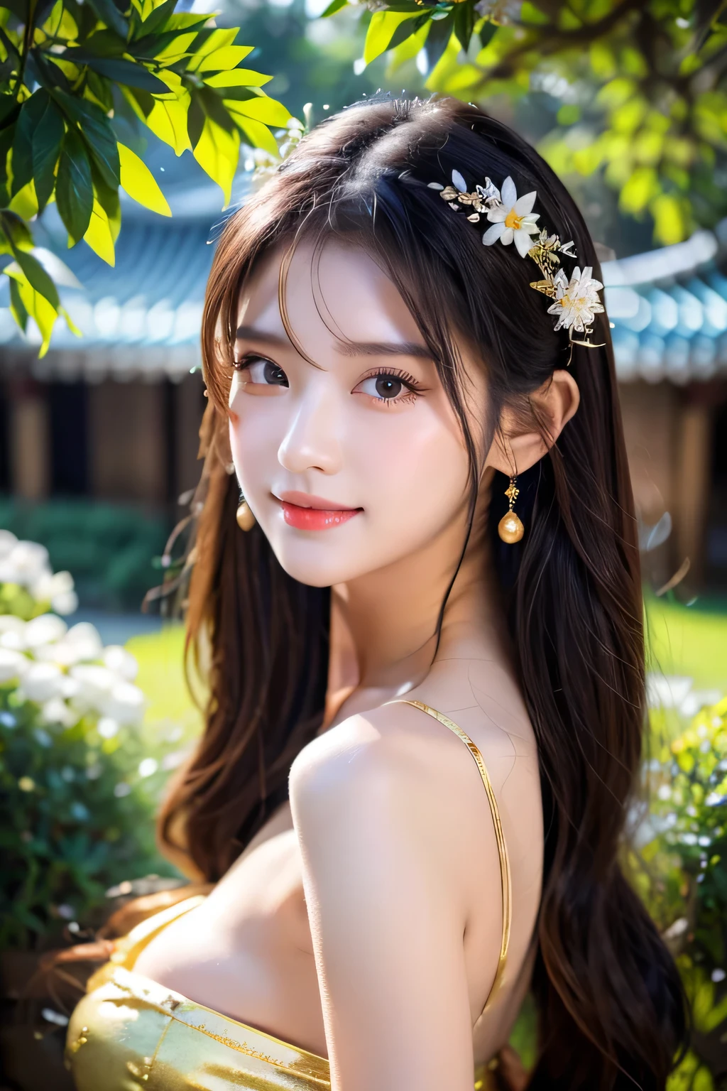 (masterpiece,best quality:1.4),(8k,raw photo,photo realistic:1.2),shiny skin,detailed skin,detailed face,detailed eyes,1girl,Japanese idol,beautiful face,(Shining Eyes:1.2),Kind eyes、smile、Symmetrical eyes、Mysterious sheer costume、Mysterious Background、Great location、Emphasized breasts、Outstanding proportions、Mysterious and sexy,Cute Face、Chinese fantasy historical drama,A flower-filled paradise,Fairy