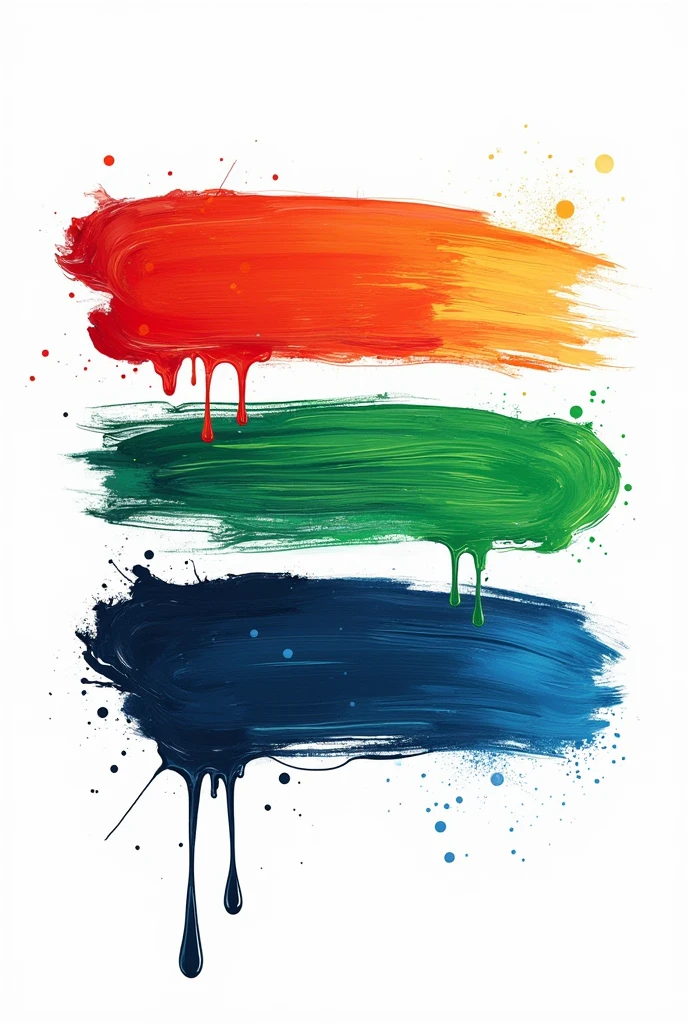 three vibrant color brush strokes horizontal on white background, with drops of paint