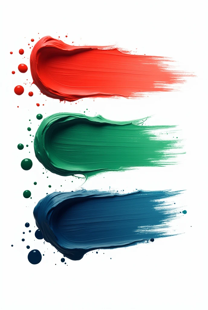 three vibrant color brush strokes horizontal on white background, with drops of paint 