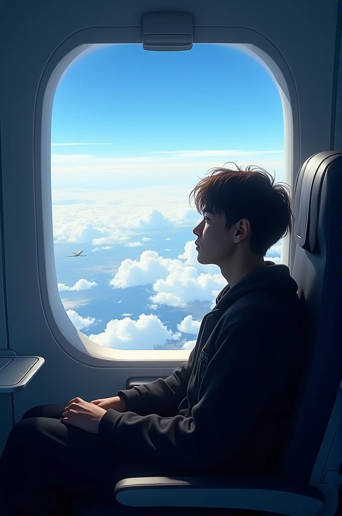 a person sitting on plane which is flying in the sky