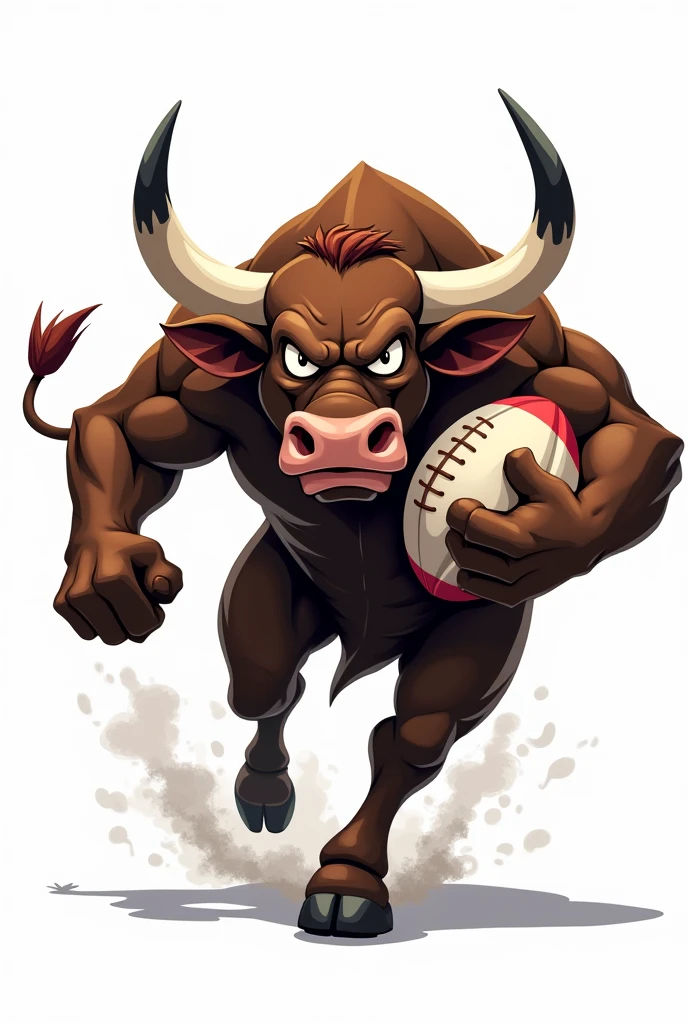 angry cartoon bull holding a rugby ball between his arm and body running with 2 legs with a transparent backdrop