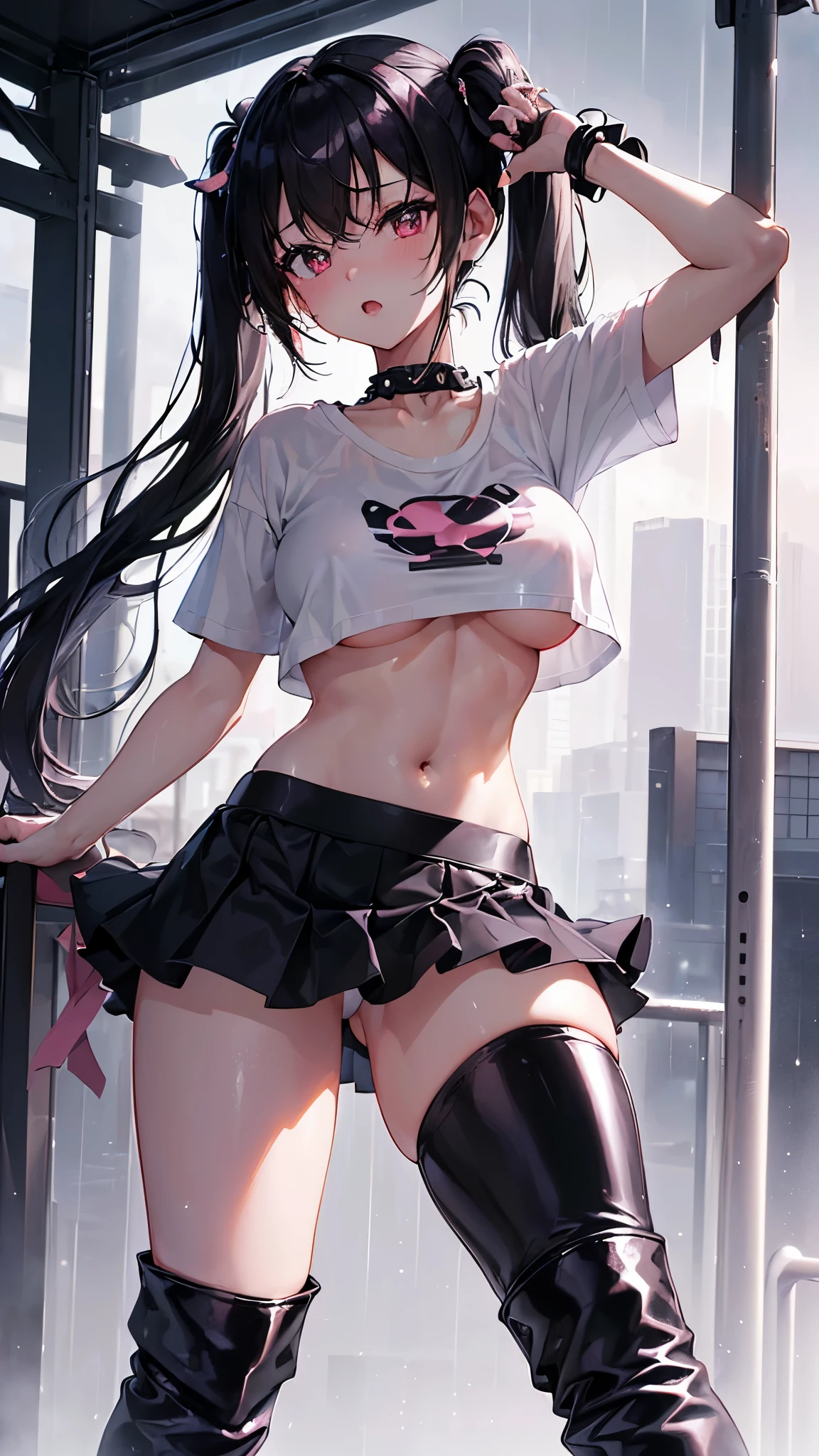 (((アニメ調cute顔))), ((((Black hair twin tails)))), （Skin clean）hair ornaments、((((A fitted white t-shirt、clothes are short、It looks like you can see the underboob))), No bra、（She is very wet）、Highest quality, (Sharp details), 8k, ((cute)), (looking at the camera),,cute胸、The cleavage is noticeable、Nipples stand up、Show your belly button、Height: 160 cm、（A sexy and seductive face）、Very large pink eyes、sparkling pupils、anatomically correct body、Big thighs、slightly muscular、((Double frill mini skirt))、Pink Pants、Patent leather boots black、Light from the front、The face is bright、Temptation Pose、Nasty Dance、Heavy rain outdoors、Standing at an open-roofed bus stop
