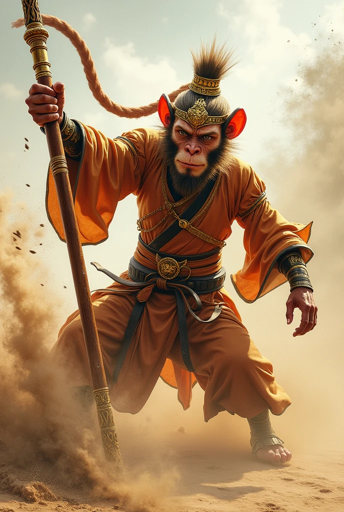 Create a dynamic and cinematic image of Sun Wukong, the Monkey King, holding his magical staff, Ruyi Jingu Bang, extended towards the foreground, as depicted in the sketch. The staff is enormously elongated, making Sun Wukong appear smaller in the background due to the dramatic perspective. The staff itself is intricately detailed, featuring golden engravings, ancient symbols, and a polished finish that catches the light. Sun Wukong, adorned with his golden crown and elaborate accessories, strikes a powerful pose with both hands gripping the staff. His fiery, determined expression is visible as he forcefully strikes the staff against the ground, causing a burst of sand and dust to swirl into the air. The scene captures the raw power and energy of the legendary Monkey King in action.