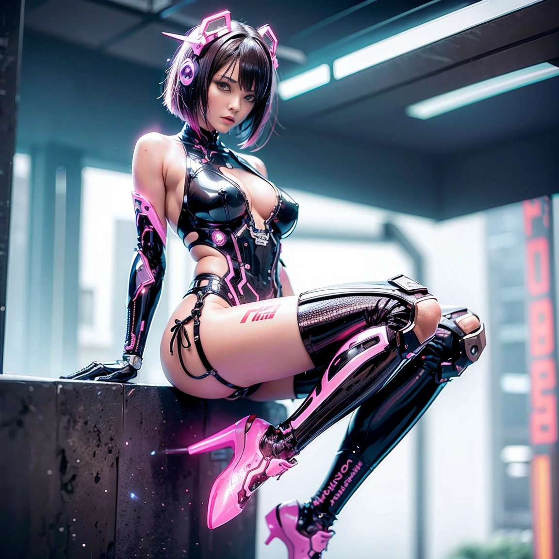 Highest quality, Ultra-high resolution, One Woman, Sexy Neon Cyber Suit, Short Bob Perm, 背景がcyber punkの街, Outdoor, cyber punk,Mechanical arm parts, Mechanical leg parts, Sexy pose, Perfect Eyes, Brown Hair, Anatomically correct hands, Anatomically correct legs, Anatomically correct feet, Cleavage, Slender, Small breasts