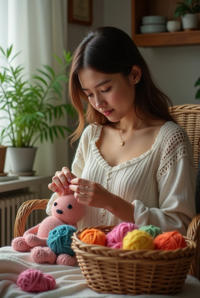 Woman sitting crocheting Amigurumi dolls and next to her a basket with several colored threads and needles