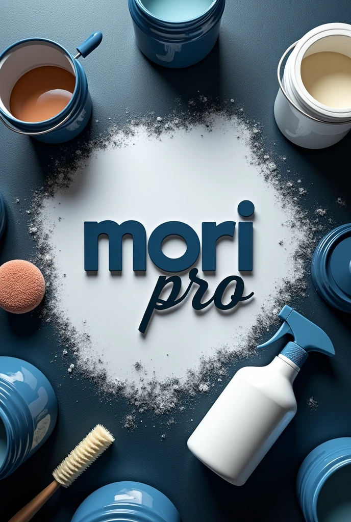 Logo of a company selling car detailing products called “Mori Pro” In the background there are car wash brushes, car wash product containers, 5 litre buckets with products, car wash spray bottle, a polisher
