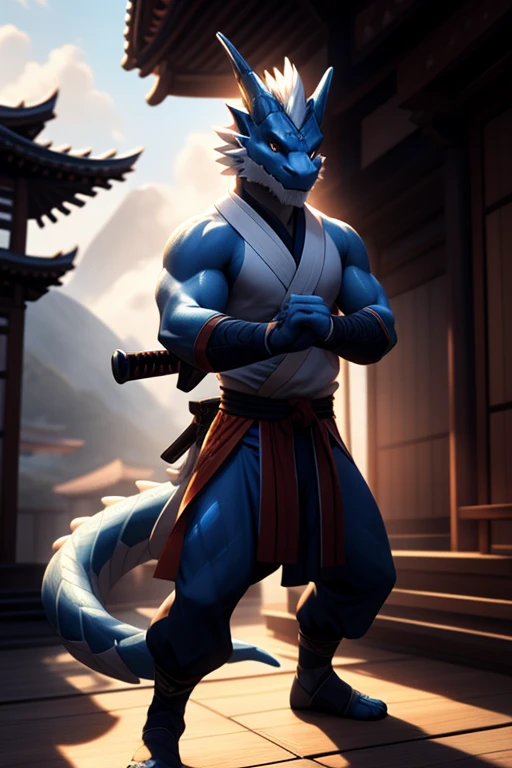 Draconato azul, blue scales, oriental clothes, 1 tail, 2 arms, 2 eyes, 8k, high resolution, Lighting, dojo, white beard on the chin, athletic body, swordsmanship, training with a katana.