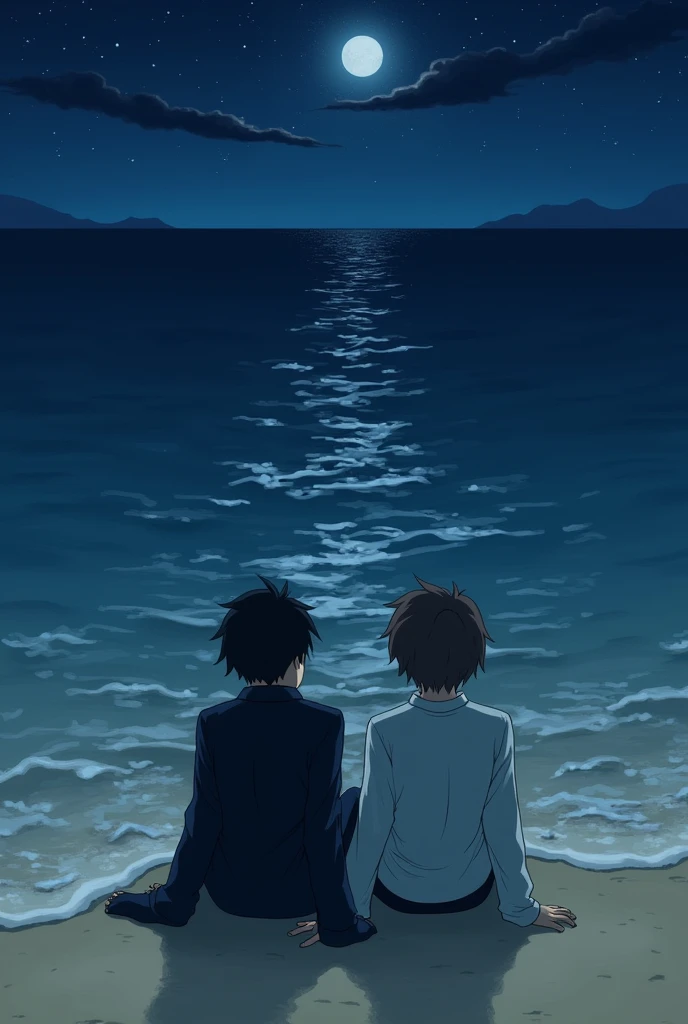 Chuuya and Dazai sitting on the seashore, at night, impressionist style