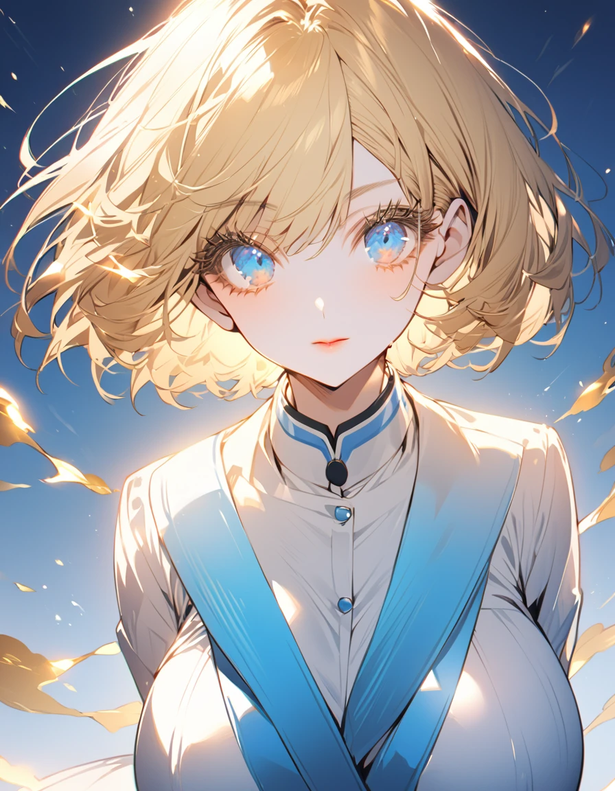 Navy blue original uniform (Girl:1.5), (blonde:1.5)(eyelash:1.2) (Short Bob Hair:1.4), (blue eyes)(Big Breasts:1.3)High contrast golden flames all over the body(Dazzling Light:1.5)