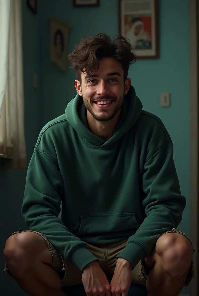 Picture a man, wearing a green hoodie, short cargo pants, smiling but sad face, room feel, dim light, details, complicated, twilight effect