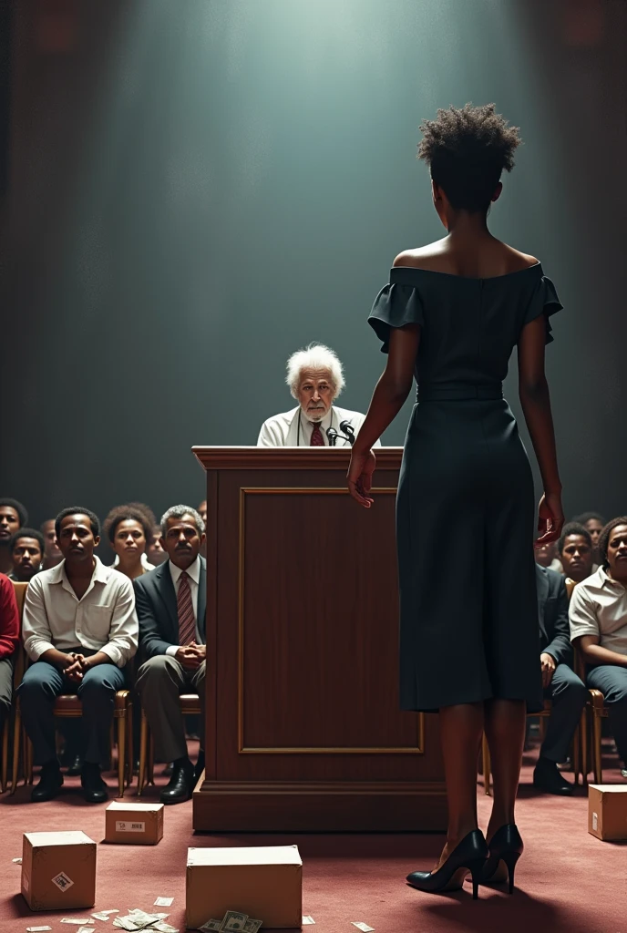 Create a scenario where a black woman speaks at a podium for very strange exotic people, white and black people, and behind this woman place a gentleman with white hair sitting in a chair who looks like he is drugged, very electric, and on the floor near him there are boxes of medicine. I want a panoramic view of the image, allowing me to see everything in a single plane with the image facing the woman and the gentleman taking the bills from the audience. 