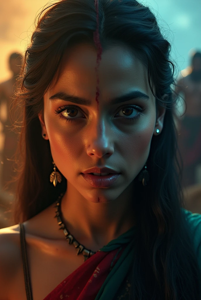 A split-screen showing a dramatic contrast between two scenes: on one side, an ancient court scene with Draupadi being humiliated by the Kauravas, her expression filled with horror and defiance. On the other side, the modern young woman is surrounded by a group of men with threatening expressions. The two scenes should visually connect, emphasizing the timelessness of the struggle against violence and injustice. The colors in the Draupadi scene should be warm and earthy, while the modern scene has cold, harsh lighting.