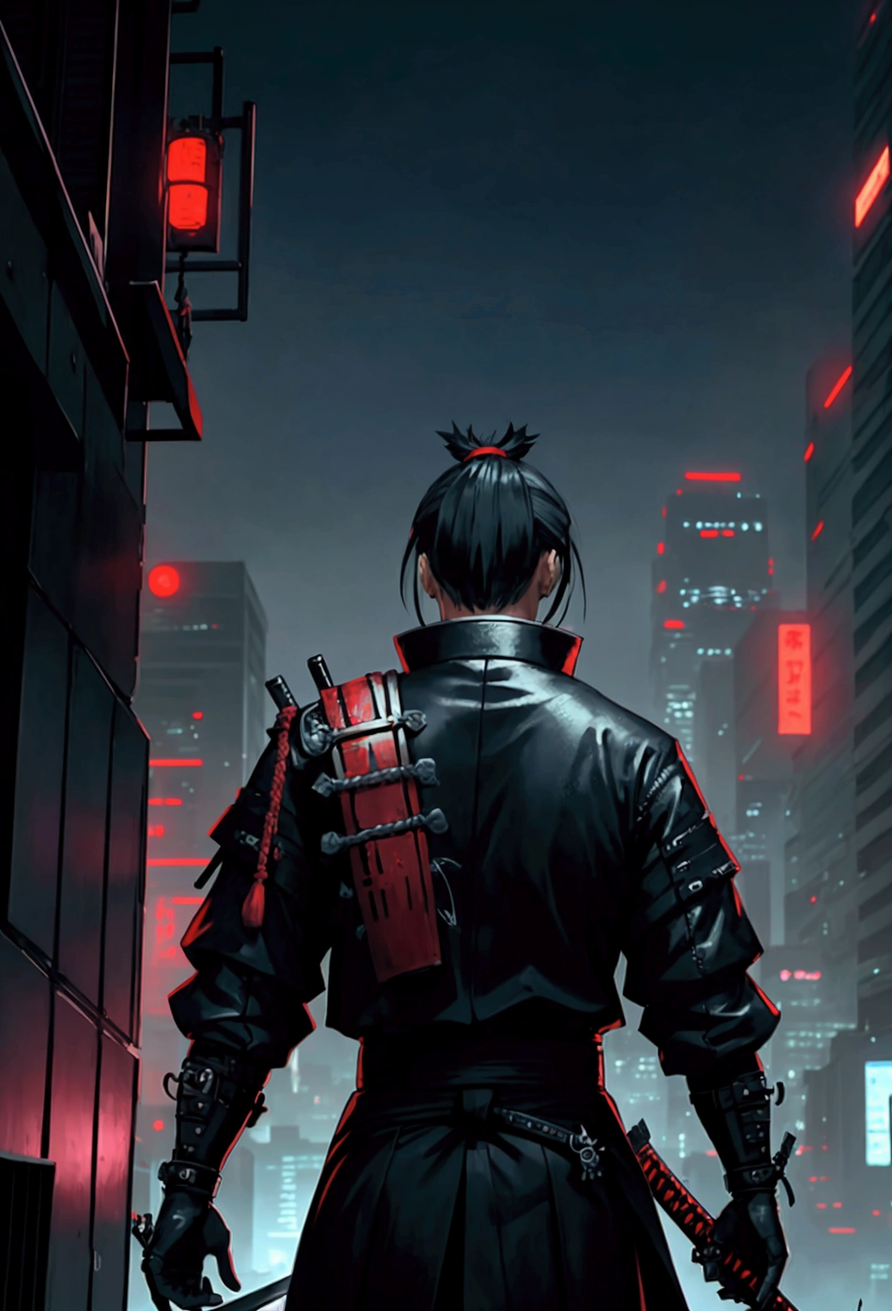 For a modern samurai in the style of cyber punk sticking his sword looking towards the city of corruption that he will save, right?