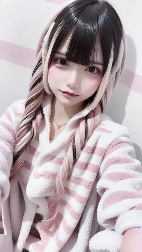 One person, solo, High resolution, masterpiece, accurate, Anatomically correct, Winner of numerous awards, Highest quality, Damaged, High-resolution model, High detail, Retina, Very detailed, Textured skin, Ultra high definition, movieの光効果, movie, movie撮影, Chiaroscuro, Background blur, Everything detailed and exquisite、Complete human body、Correct human body、Perfect human body、Accurate human body、Detailed Background、Elaborate Background
(Decolorization lighting:1.6, Blue lighting、Pink Bed、Love Hotel:1.8, Desaturated lighting:1.6, Dark outdoors:1.8, Late Night):1.5,
(Long black hair, From head to toe:1.5, Big Breasts, Big cleavage:1.3, (Japanese Jiraiya Type Girl :1.5, Jirai Type Makeup:1.5), Japan Underground Idols、
(((All of these pajamas are made from super soft fleece material:1.8, Light-colored pajama dress type、Absolute area、Long sleeve、Moe sleeves、hot pants、Thick pink and white horizontal stripes))),