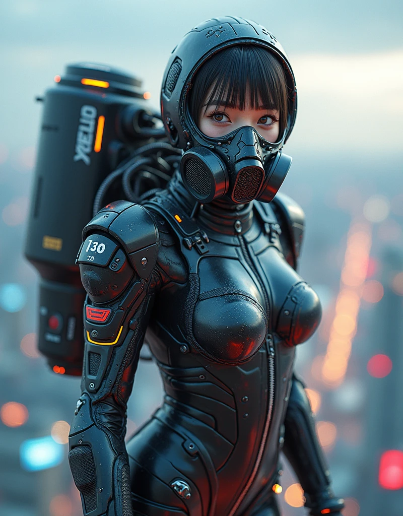 photo-realistic, ultra-realistic, very beautiful Japanese, famous Japanese idol, 20 years old, dramatic scene, masterpiece, beautiful eyes, (extremely intricated with extremely complex futuristic cyber punk mecha armored full-face gas mask:1.5), (wearing extremely intricated with complex multi-layered cyber punk mecha armored tight fitting bodysuits with neon sign:1.3), (She uses the ultra high power rocket engine on her back to flying high speed in the sky:1.5), amazing view from sky, (surprising), acrobatic pose, dynamic angle, (shoot from behind),