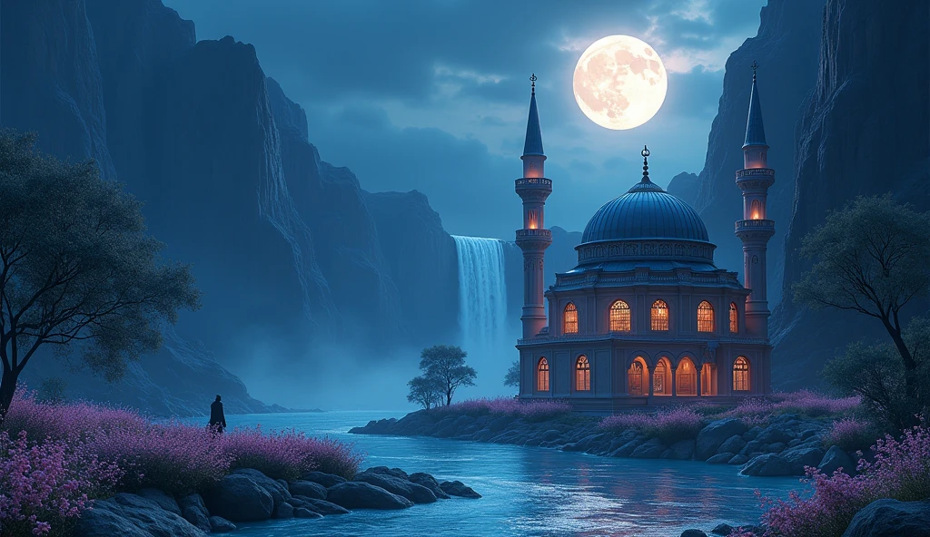 a tiny mosque near a cliff with a waterfall flowing through a river, lined with pastel flowers nearby at night on a full moon from a celestial perspective