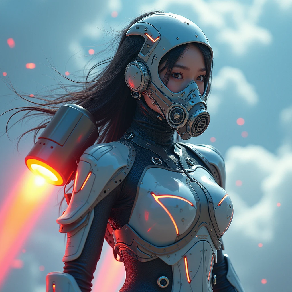 photo-realistic, ultra-realistic, very beautiful Japanese, famous Japanese idol, 20 years old, dramatic scene, masterpiece, beautiful eyes, (extremely intricated with extremely complex futuristic cyber punk mecha armored full-face gas mask:1.5), (wearing extremely intricated with complex multi-layered cyber punk mecha armored tight fitting bodysuits with neon sign:1.3), (She uses the ultra high power rocket engine on her back to flying high speed in the sky:1.5), amazing view from sky, (surprising), acrobatic pose, dynamic angle, (shoot from behind),