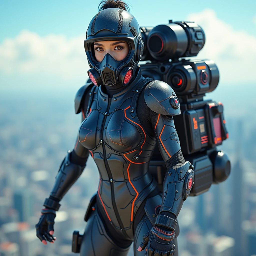 photo-realistic, ultra-realistic, very beautiful Japanese, famous Japanese idol, 20 years old, dramatic scene, masterpiece, beautiful eyes, (extremely intricated with extremely complex futuristic cyber punk mecha armored full-face gas mask:1.5), (wearing extremely intricated with complex multi-layered cyber punk mecha armored tight fitting bodysuits with neon sign:1.3), (She uses the ultra high power rocket engine on her back to flying high speed in the sky:1.5), amazing view from sky, (surprising), acrobatic pose, dynamic angle, (shoot from behind),