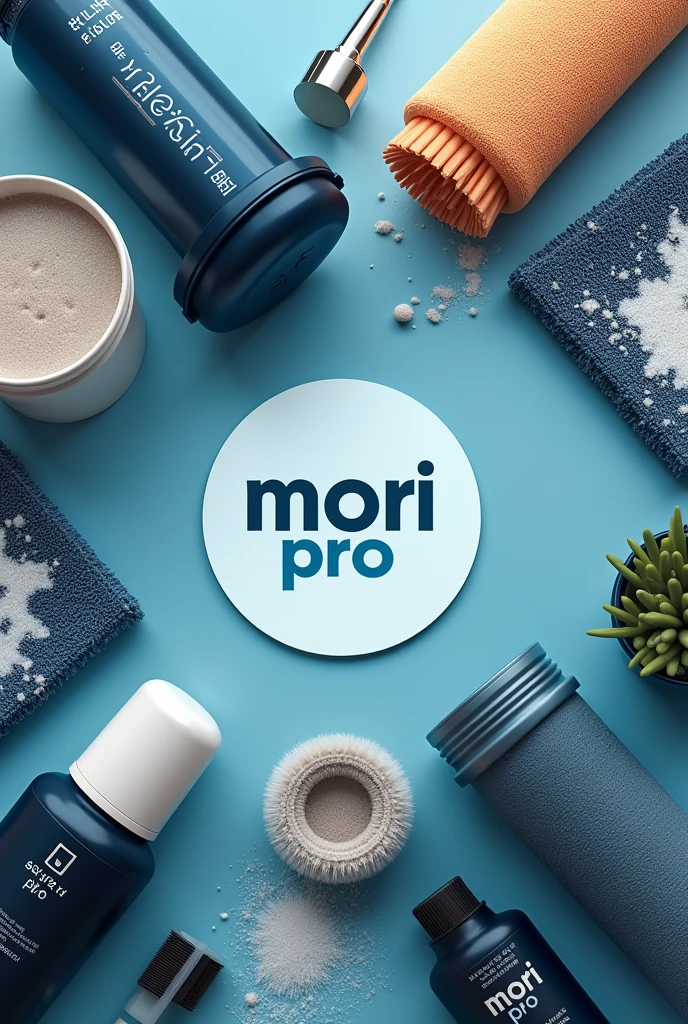 Logo of a company selling car detailing products called “Mori Pro” In the background there are car wash brushes, car wash product containers, 5 litre buckets with products, car wash spray bottle, a polisher