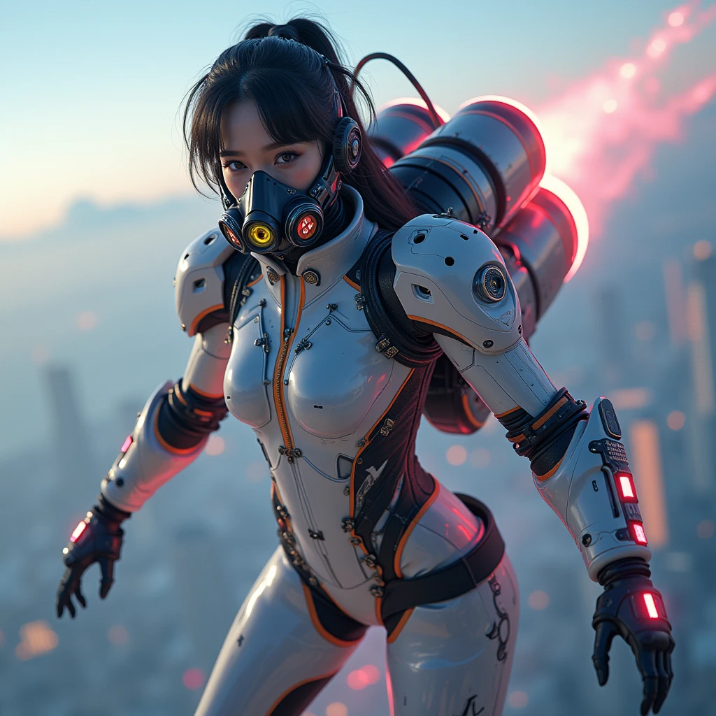 photo-realistic, ultra-realistic, very beautiful Japanese, famous Japanese idol, 20 years old, dramatic scene, masterpiece, beautiful eyes, (extremely intricated with extremely complex futuristic cyber punk mecha armored full-face gas mask:1.5), (wearing extremely intricated with complex multi-layered cyber punk mecha armored tight fitting bodysuits with neon sign:1.3), (She uses the ultra high power rocket engine on her back to flying high speed in the sky:1.5), amazing view from sky, (surprising), acrobatic pose, dynamic angle, (shoot from behind),
