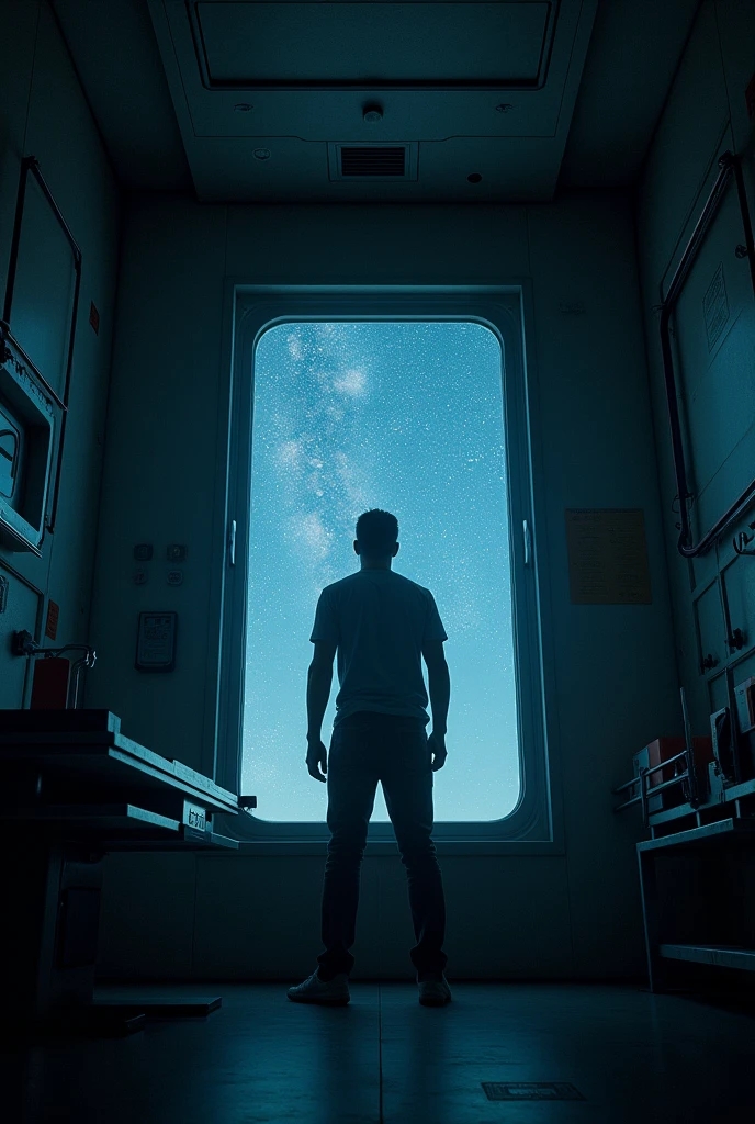 Guy staring outside his home in space