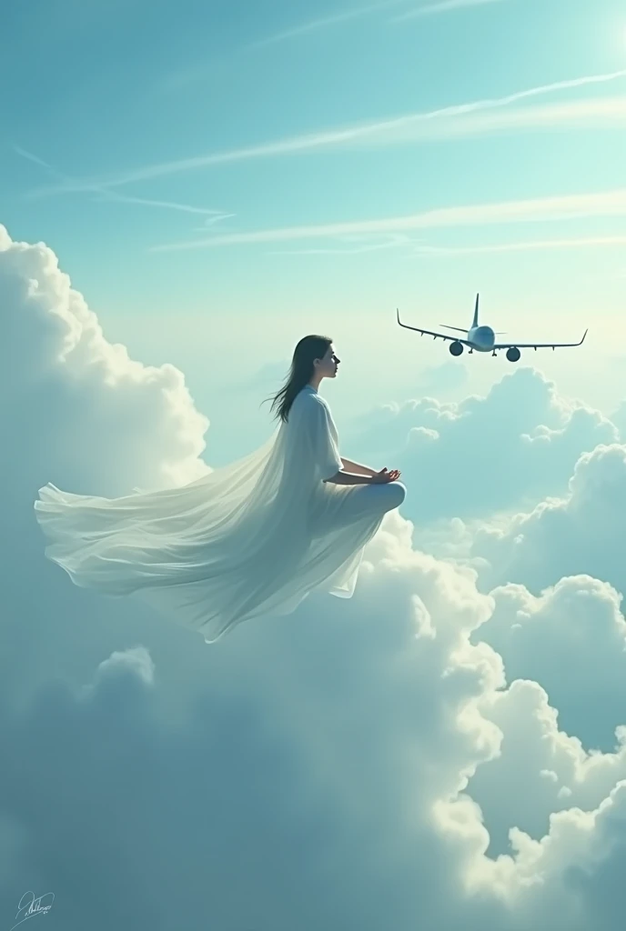 a person sitting on above the  plane which is flying in the sky