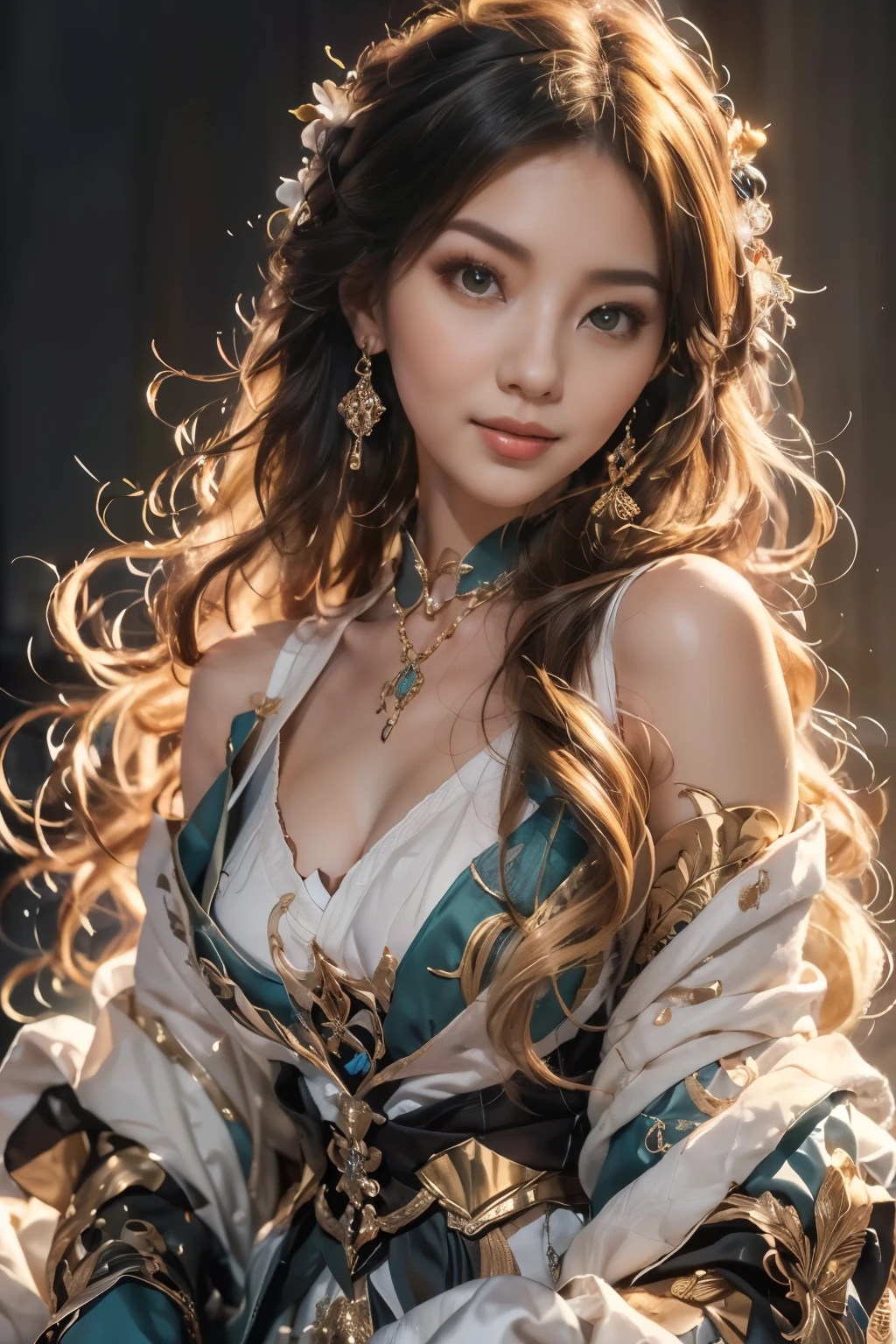 Portrait during travel, ((I was shot in the knee)), ((In fact)), 1 Asian female model, , Pleasant posture, Various postures attract attention, Detailed scene, Curly hair, hairpin, Beautiful headdress, Brownish yellow hair, light makeup, blush, shine on lips, ((warm lighting, warm color palette)), (very high saturation), Detailed details, Ultra-detailed, (masterpiece, best quality), (Very detailed and beautiful work), elaborate earrings, delicate necklace, Ambiguous background, Incredibly detailed explanation, Ultra-fine painting, That delicate face, slim body, Lose waist fat, (happy smile), (Anatomically correct)