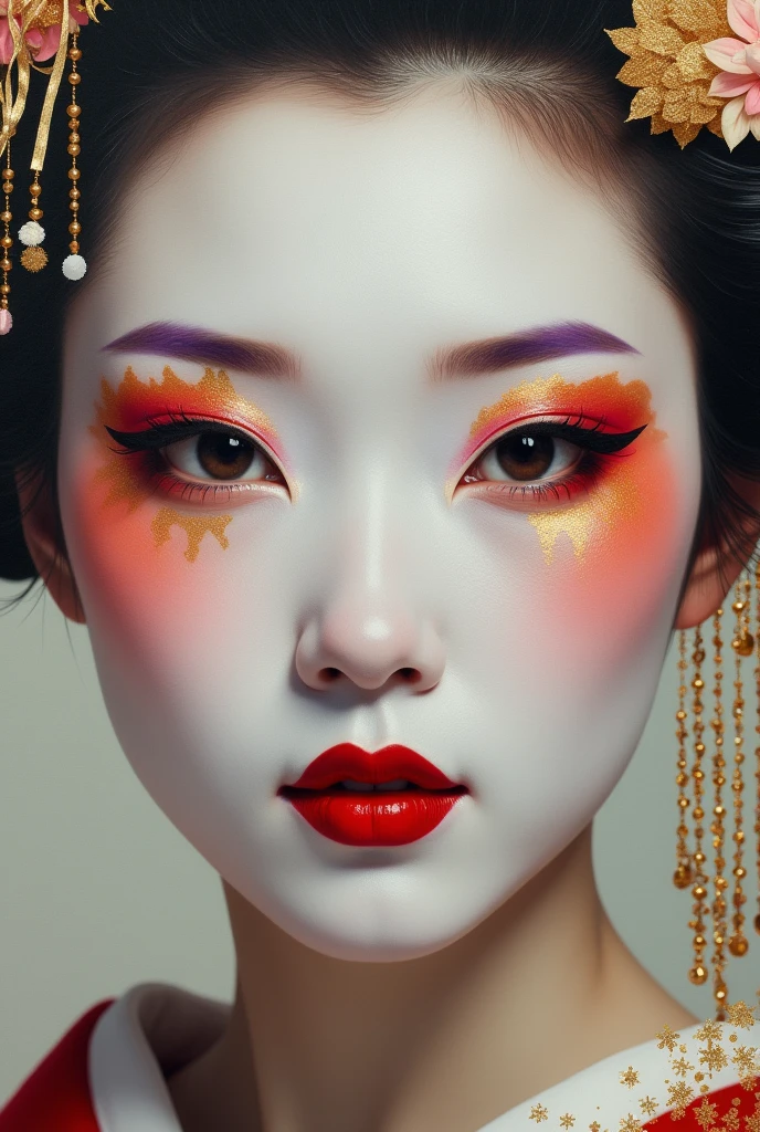 Hello, can you help me create a hyperrealistic painting of a geisha, with gold leaf details, macro close-up of her face, with all the details of her makeup, pearly red lips, orange eye shadow and purple mascara, thank you.