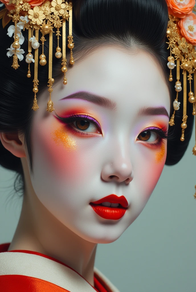 Hello, can you help me create a hyperrealistic painting of a geisha, with gold leaf details, macro close-up of her face, with all the details of her makeup, pearly red lips, orange eye shadow and purple mascara, thank you.