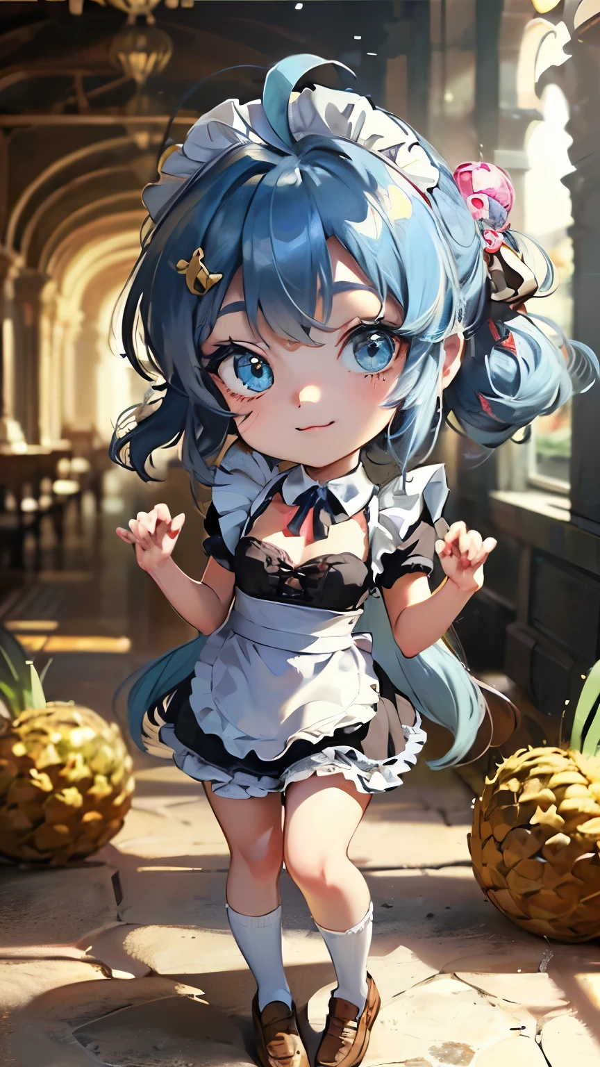 (Masterpiece、Fresh pineapple:1.4)、(8k、Highly detailed art gems:1.2)、(Chibi animation、One Chibi、masterpiece、Drawn with thick colored pencils:1.3)、(Chibi Body、smile、Small face、Young face、Complete face parts、smile、Cute all over、Light blue hair color, Short chignon hair:1.3),(Highly detailed eyes、Golden Eyes、humans skeleton、Beautiful breast growth、 :3, Ahoge:1.2)、(Carefully drawn fingertips、Perfect hands、Perfect Fingers、Perfect toes、Toned waistline、Thin thighs、very thin and long legs:1.2)、(Knee-high socks、Maid clothes、loafers、hair ornaments、Little Maid Motif、ribbon:1.3)
