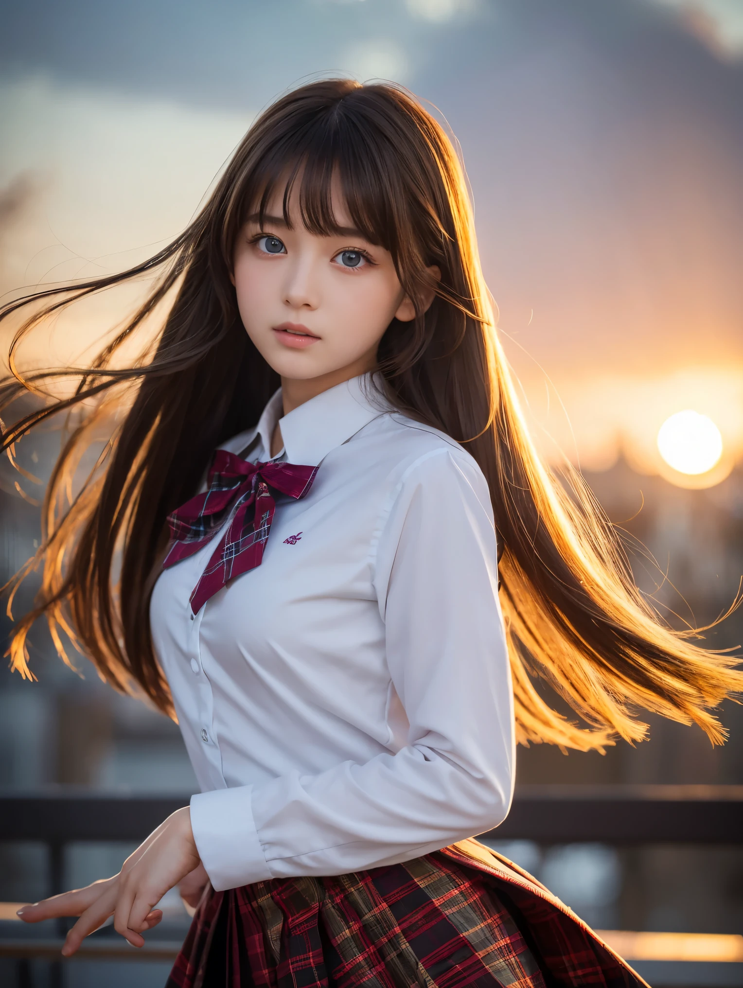 A highly detailed close-up image of a young anime girl with long silver hair flowing gracefully in the wind. The character has large, vibrant blue eyes with a determined yet calm expression. She is dressed in a detailed school uniform, consisting of a white shirt with a red bow tie, a dark blazer with golden insignias on the shoulders, and a plaid skirt with subtle folds. The girl’s hair has intricate details, with a single strand standing up prominently. The lighting is warm and golden, suggesting a sunset background, which adds depth and softness to her features. The overall atmosphere combines a sense of strength and elegance, as her dynamic pose with slightly extended arms enhances the flowing movement of her clothes and hair. The background is blurred but hints at an urban setting with soft, glowing lights, creating a dreamy and cinematic effect.