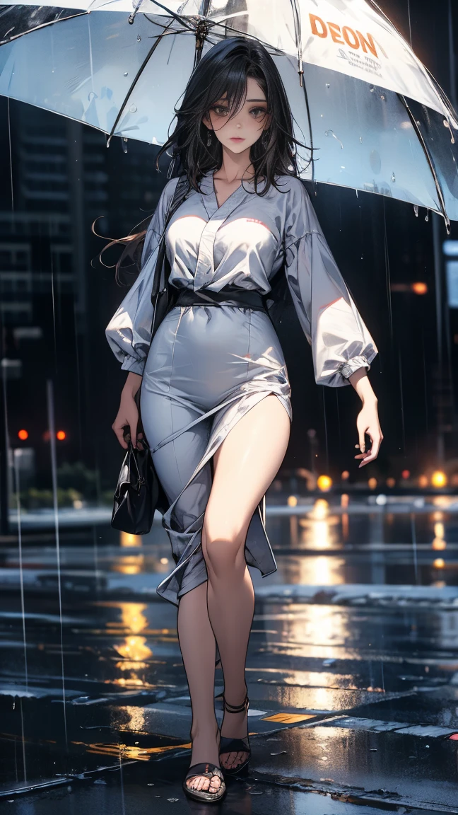 Full body view, ((highest quality)), ((masterpiece)), (be familiar with), Perfect Face, (High definition), (Best Shadow), 8k, cinematic, (Realistic:1.4),dramatic, (Rainy day), A woman 20 years old, Black hair, Amber color eyes, Squared down with her knees on a tall building, wearing a full black suite, Her curves can be seen thought it, She was holding a katana, she is looking directly at the front