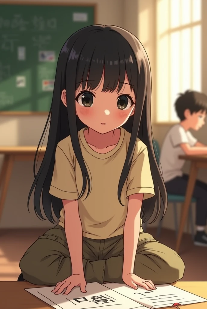 Animation of a beautiful and cute girl with a story 
  Korean hair. She wears a T-shirt and cargo pants. Her face is round, her hair is long, and her eyes are black. Her clothes cover her entire body. She moves spontaneously. She sits in school and draws. Boy