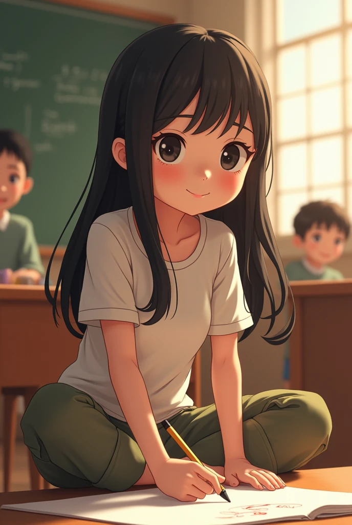 Animation of a beautiful and cute girl with a story 
  Korean hair. She wears a T-shirt and cargo pants. Her face is round, her hair is long, and her eyes are black. Her clothes cover her entire body. She moves spontaneously. She sits in school and draws. Boy