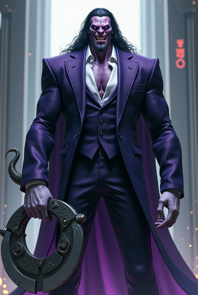 3D character, a demon, vlad plasmius very tall dressed in a suit with a jewel on his neck, violet, very classy, Fangs, In the middle, picollo daimacu, very long black hair, Violet eyes, beautiful eyes, large circular reflective zangetsu, large white gloves, white combat boots, vampire dress, Wild, with Asian touches, a fusion between vlad plasmius, Hulk, zangetsu y picollo daimacu, (cinematographic composition), (horror : 0.2), (Best Quality, masterpiece, 4k, ultra detailed, sharp focus, 8k, High Definition:1.2), (by Danny Mac 3D, por Follygon), (masterpiece: 1.2), battle, Badass.