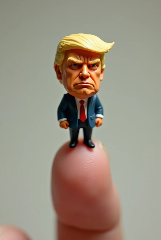 Photorealistic, 34k, A micro donald trump with orange tinted skin and tiny hands perched on a human finger