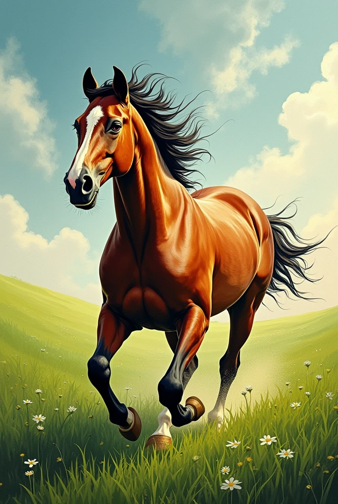 A print showing a horse running in the winds in the green field and with a phrase next to it saying live and bravery
