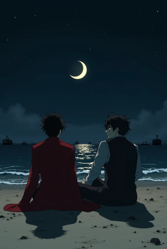 Chuuya Nakahara and Osamu Dazai sitting on the seashore, at night