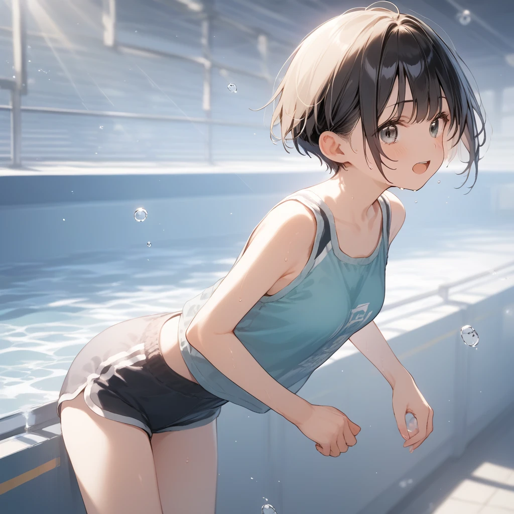 score_9, score_8_up, score_7_up, source_anime, best quality, masterpiece, official art, absurdres, highres, ultra-detailed,waifu2x,Collection: Slice of Life,break,1girl, short hair, pixie cut, flipped hair, small breasts, beautiful (well-shaped) breasts,beautiful detailed eyes, sweat, gym shorts, (wavy mouth:0.3), open mouth, outdoors, (Detailed Lighting), (Detailed background),break,(clear line illustration:1.2), super detailed skin,very high resolution, very aesthetic, Best sexual lighting powered by famous artist, 8k, 16k, cute picture,beauty illustration,photoshop_(medium),,(Detailed Lighting),best anime 8k konachan wallpaper, pixiv contest winner,