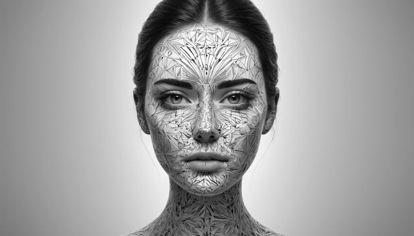 a woman with a black and white pattern on her face, stunning digital art, complicated digital art, 3 d digital art, 3d digital art, complicated digital artwork, Advanced 3D digital art, amazing detailed digital art, digital complicated art, Detailed 3D digital art, amazing digital art, 4k symmetrical portrait, 4k symmetrical portrait