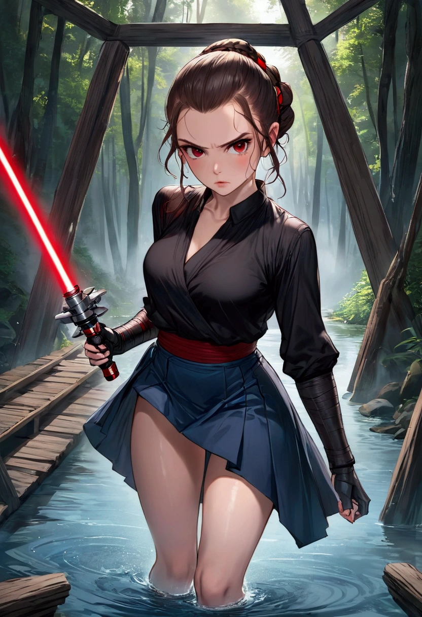 Sith Rey Skywalker, red eyes, holding a red lightsaber, wears a cleaveage dark blouse, and a mini blue skirt, standing in hanging wood bridge of over a river, dinamic pose, ready to fight, behind there is a robot, orgasm face, upskirt