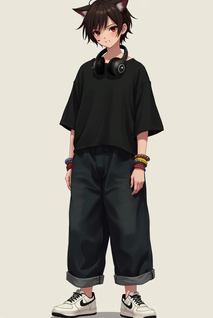 Une fille avec les cheveux brun avec une wolf cut courte des yeux brun foncé des habits larges et noirs un short en jean noir long et tee-shirt large des baskets blanches nike des joues légèrement roses et un grin de beaute sur la joue des bracelets brésilien colorés au poignet blanche bronzé un casque de musique noir autour du coup un air timide style réaliste