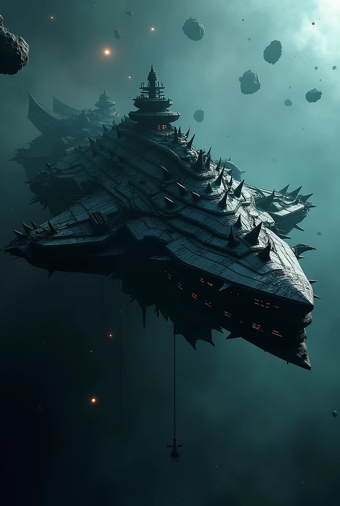 starship crusader, huge, black with spikes for whole ship, high high quality, tmasterpiece, Ultra-high resolution, (Photorealistic: 1.4), RAW photogr,shadowing, rendering by octane, 8k, Super sharp,very complex details, realistic raytraicing, CGSoation trends, cosmos,Dark and secluded,asteroids,Dark cyan tones