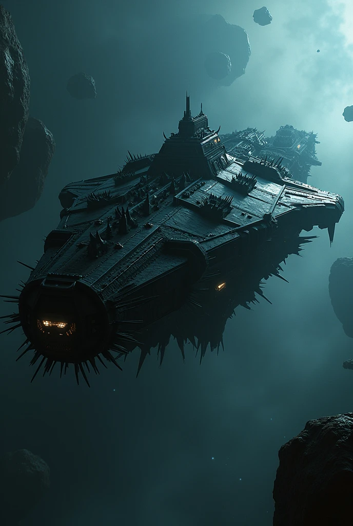 starship crusader, huge, black with spikes for whole ship, high high quality, tmasterpiece, Ultra-high resolution, (Photorealistic: 1.4), RAW photogr,shadowing, rendering by octane, 8k, Super sharp,very complex details, realistic raytraicing, CGSoation trends, cosmos,Dark and secluded,asteroids,Dark cyan tones