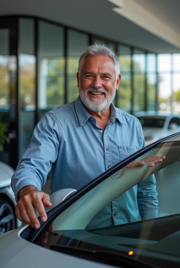 Lower class man getting his dream car in front of a dealership