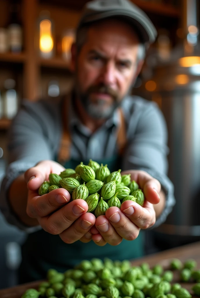 Hops in the hands of a man in the process of making craft beer