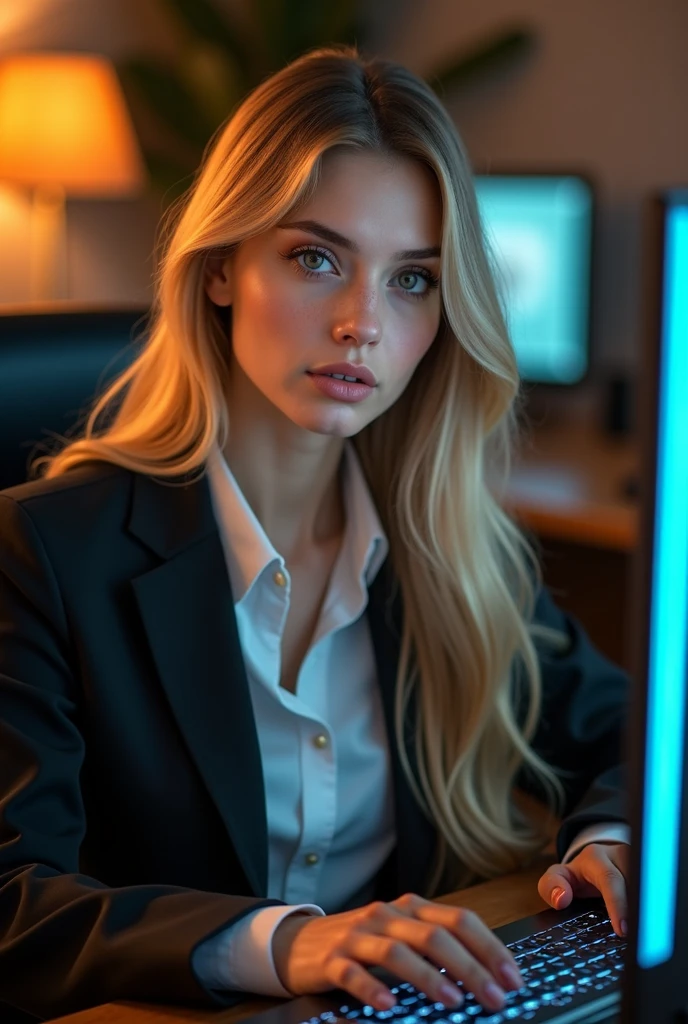 a beautiful girl with long blonde hair, detailed eyes, nose, and lips, wearing  professional outfit, siting in her office, using her computer, hp comuter (best quality,4k,8k,highres,masterpiece:1.2),ultra-detailed,(realistic,photorealistic,photo-realistic:1.37),HDR,studio lighting,extremely detailed face and body, portrait,cinematic lighting,dramatic lighting,warm color tones,dramatic colors